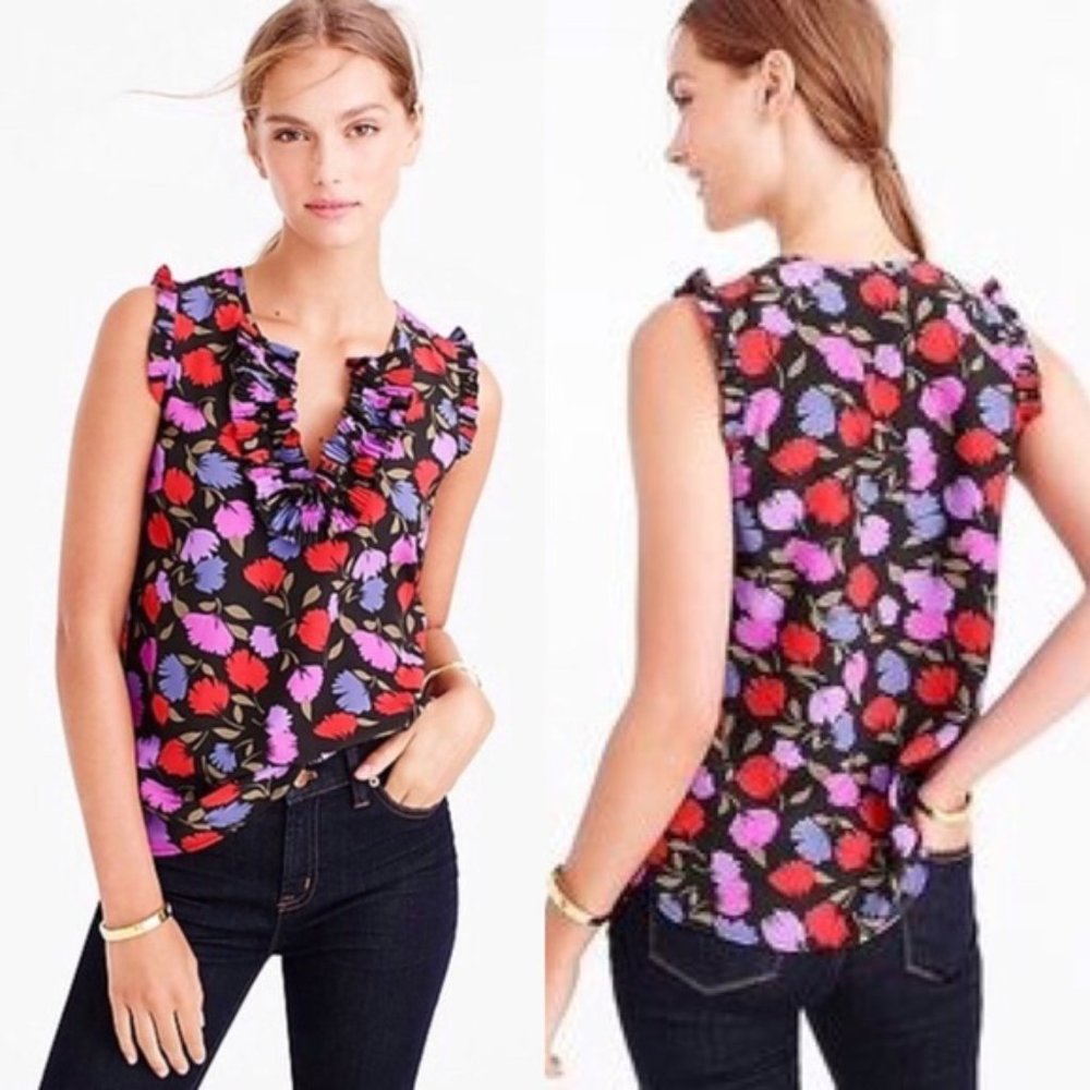 J. Crew Margot Top Painted Pansy 100% Silk Floral